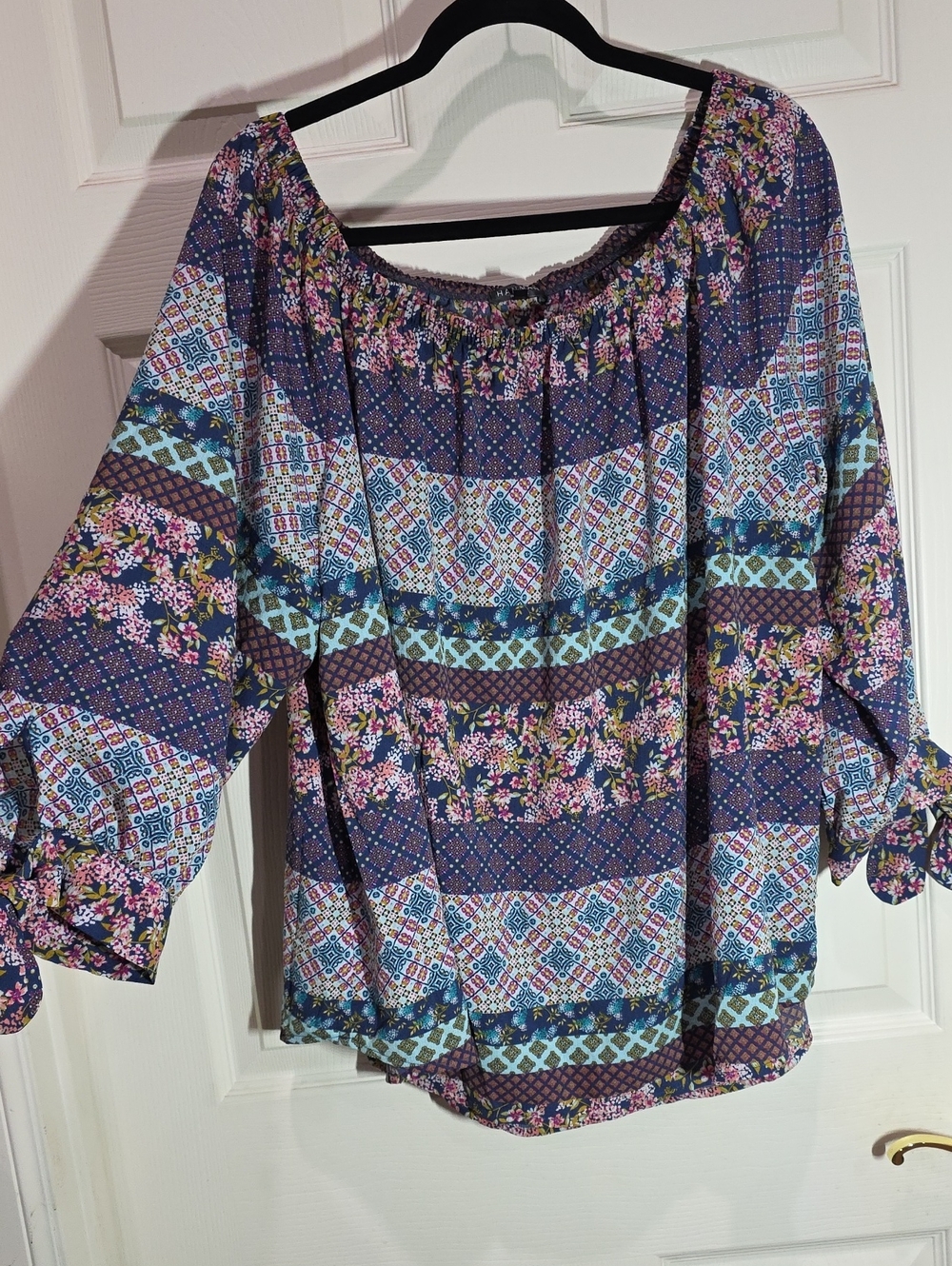 Hannah Navy Off-Shoulder Boho Blouse with Pink & Teal Accents